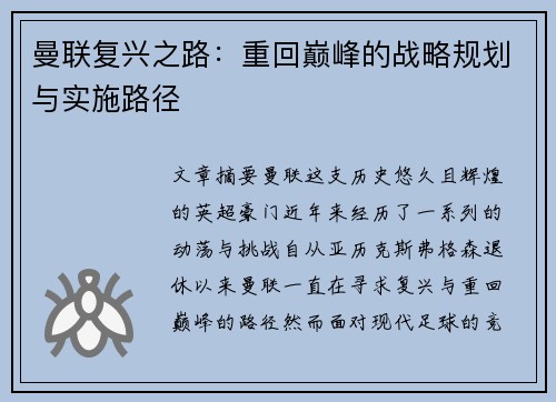 曼联复兴之路：重回巅峰的战略规划与实施路径