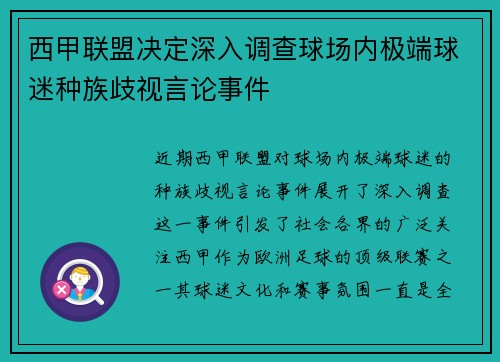 西甲联盟决定深入调查球场内极端球迷种族歧视言论事件